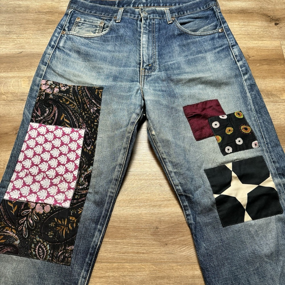 Vintage Levi's 502xx Jeans Mens 32x30 Blue Custom Patchwork Big E Talon Zip - Picture 6 of 16